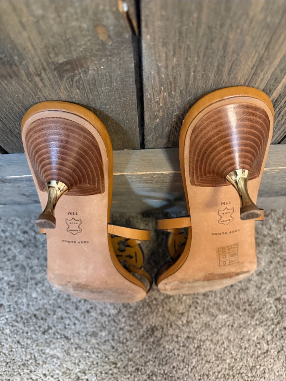 Tory Burch Miller Double Strap Leather Slide Sandals Gold Kitten Heel Tan SZ 11 - Picture 5 of 10